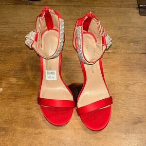 Woman’s Christian Siriano Red Satin Heels With   Rhinestones Size 6